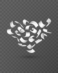 Poster - Fly papers in heart shape. Chaotic falling and flying empty white sheets group, scattered notes with curved pages corners, Realistic 3d vector document mockup isolated on transparent background
