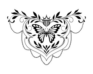 Wall Mural - Decorative black and white pattern with the image of a butterfly, leaves and curls. Vector tattoo.