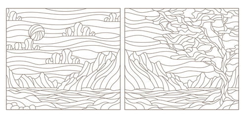 Set of contour illustrations of stained glass Windows with landscapes, dark contours on a white background