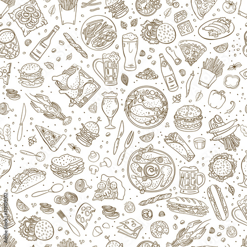 Dekoracja na wymiar  piwo-i-jedzenie-w-pubie-wektor-wzor-recznie-rysowane-doodle-jedzenie