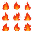 Set of fire icons. Flame design of different shapes. Bonfire images