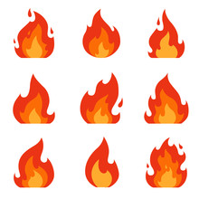Set Of Fire Icons. Flame Design Of Different Shapes. Bonfire Images
