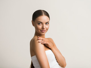 Wall Mural - woman beauty with hands beautiful body natural make up cosmetic concept healthy skin and hair nails 