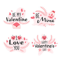 Sticker - Happy Valentine's Day Message like as Be Mine, Be My Valentine, I Love You Font on White Background.