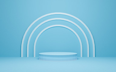Fototapete - Abstract pastel geometric shape group set background. 3D blue and white podium scene with pedestal. Empty showcase for advertising. Minimal 3d render design for display product and banner on website.