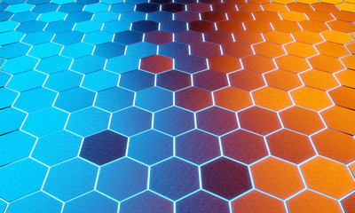 Wall Mural - Glowing black blue and orange hexagons background pattern on silver metal surface 3D rendering