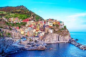 Wall Mural - beautiful magic colorful summer landscape on the coast of manarola in cinque terre, liguria, italy. 