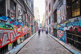 Fototapeta  - Graffiti, tourists and street artists packed into Hosier Lane in Melbourne CBD and lots of colourful art dedicated to Australian Bushfires