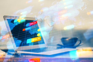 double exposure of desktop computer and technology theme hologram. concept of software development.