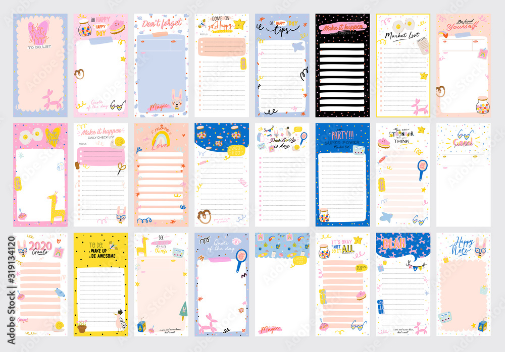 Collection of weekly or daily planner, note paper, to do list, stickers templates decorated by cute love illustrations and inspirational quote. School scheduler and organizer. Flat vector - obrazy, fototapety, plakaty 
