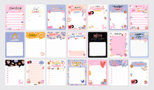 Collection Of Weekly Or Daily Planner, Note Paper, To Do List, Stickers Templates Decorated By Cute Love Illustrations And Inspirational Quote. School Scheduler And Organizer. Flat Vector