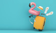 Summer holiday background with suitcase and pink flamingo. 3D Rendering