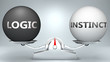 Logic and instinct in balance - pictured as a scale and words Logic, instinct - to symbolize desired harmony between Logic and instinct in life, 3d illustration