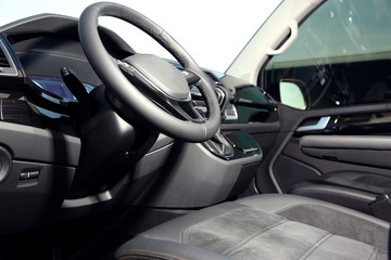 Closeup view of new modern car inside