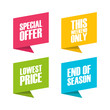 Special Offer, This Weekend Only, Lowest Price, End of Season promotional badges set. Shopping labels for business, promotion and advertising. Vector illustration.