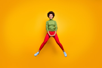 Sticker - Full length body size view of her she nice attractive lovely cheerful cheery wavy-haired girl jumping having fun fooling isolated over bright vivid shine vibrant yellow color background