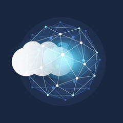Poster - Futuristic Cloud Computing Design Concept - Digital Connections, Technology Background with Earth Globe and Polygonal Geometric Network Mesh
