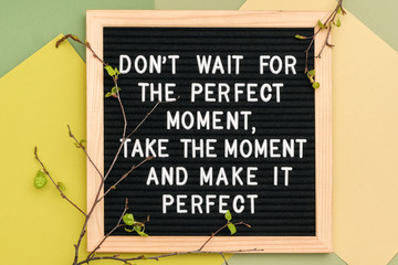 Wall Mural - Don't wait for the perfect moment, take the moment and make it perfect. Motivational quote on letter board frame and spring tree branches with young leaves on green background
