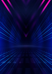 Poster - Abstract dark background with blue and pink neon glow. Neon luminous figure in the center of the stage. Light lines on a dark background, smoke, smog