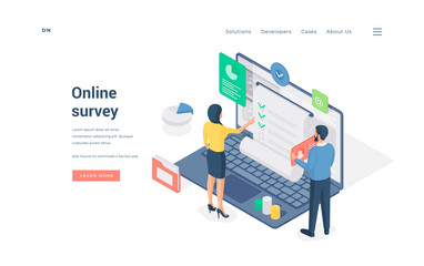 Poster - People surveying data in Internet. Isometric vector illustration