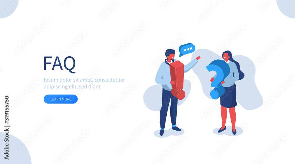 People Characters holding Exclamations and Question Marks. Woman and Man Ask Questions and receive Answers. Online Support center. Frequently Asked Questions Concept. Flat Vector Illustration. - obrazy, fototapety, plakaty 