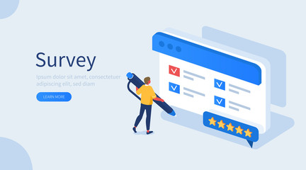 Wall Mural - people character filling test online in customer survey form. man putting check mark on checklist. c