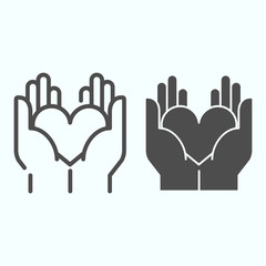 Poster - Peace hands with heart line and solid icon. Heart in hands vector illustration isolated on white. Giving heart outline style design, designed for web and app. Eps 10.
