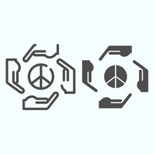 Hands Around Peace Symbol Line And Solid Icon. Peace Symbol In Center Of Four Hands Vector Illustration Isolated On White. Hands As Arrows Around Pacific Symbol Outline Style Design, Designed For Web