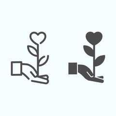 Poster - Sprout heart line and solid icon. Flower with heart on a hand vector illustration isolated on white. Giving the flower in shape of heart outline style design, designed for web and app. Eps 10.