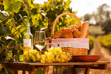 Glass Of White Wine Ripe Grapes And Picnic Basket On Table In Vineyard