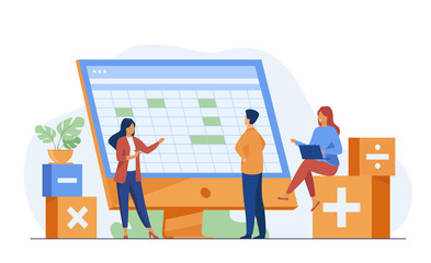 Poster - Colleagues discussing accounting statistics report using software vector illustration. Bookkeeping and audit for annual and financial reporting concept for business presentation slides