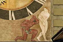 The Western Clock Face : Victor Surbek 1929 Fresco Painting Depicts Chronos Swooping Down With Cape Fluttering, And Adam And Eve Eviction From Paradise By An Angel.