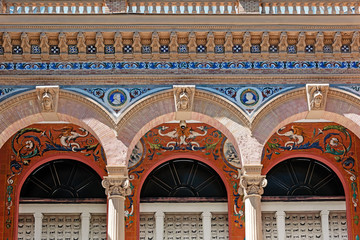 Part of building of Palacio de la Velasquez at El Retiro Madrid, made by ceramic mosaic in spanish style