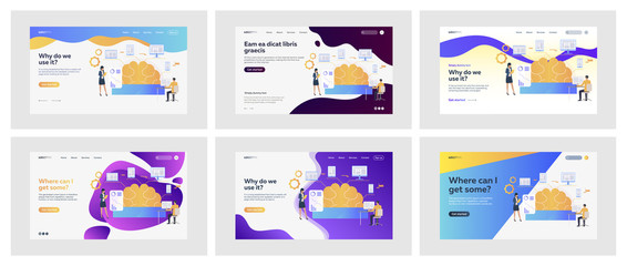 Poster - set of business reports via technology. flat vector illustrations of men and women using computer. b