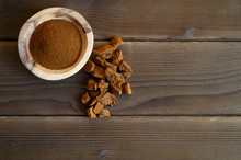 Chaga Tea Mushroom From Birch Tree Using For Healing Tea Or Coffee In Folk Medicine. Ground Powder