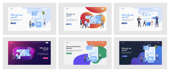 Poster - Set of people making analysis and calculations. Flat vector illustrations of men and women using software. Business technology and statistics concept for banner, website design or landing web page