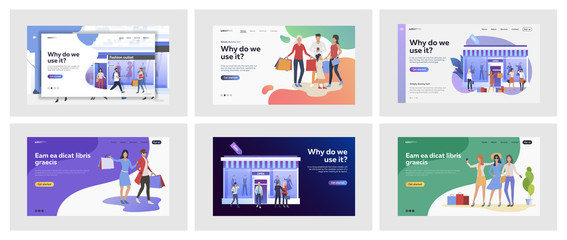 Poster - set of people shopping at city. flat vector illustrations of men and women going to stores together.