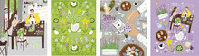 Happy Easter! Vector Illustration Of A Family Decorating Eggs At Home In The Room, A Table With Hands, Paints, Easter Cake And A Festive Floral Background With Hens And Chickens. Drawings For Poster.