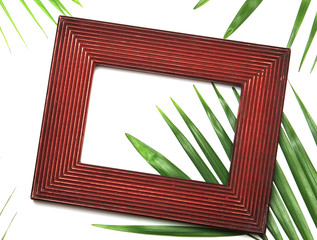 tropical nature green palm leaf in picture frame on white background