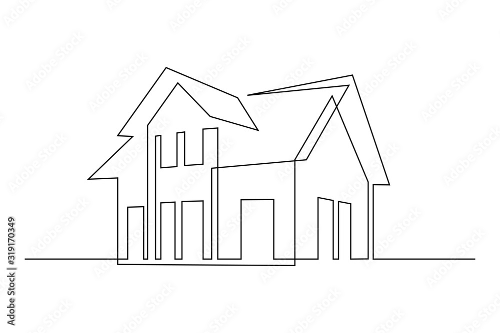 Family house in continuous line art drawing style. Suburban home minimalist black linear sketch isolated on white background. Vector illustration - obrazy, fototapety, plakaty 