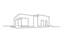 Modern Flat Roof House Or Commercial Building In Continuous Line Art Drawing Style. Minimalist Black Linear Sketch Isolated On White Background. Vector Illustration