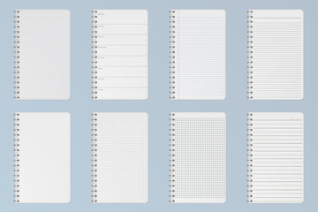 Poster - Notebooks sheets set. Lined, checkered and dots pages for memo pads and daily planner template notepad empty paper with binder iron spiral isolated on gray background. Realistic 3d Vector illustration