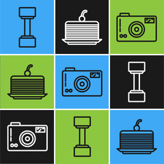 Poster - Set line Dumbbell, Photo camera and Cake icon. Vector