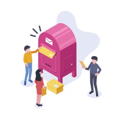 Poster - People stand near a large mailbox and send letters. A man and a woman are holding a mail envelope. The concept of email marketing. Flat isometric vector illustration.
