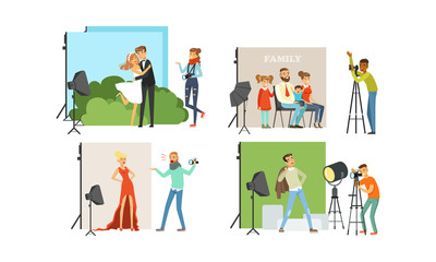 Poster - Photo Studio Collection, Male Photographers Taking Pictures of Different People with Professional Equipment Vector Illustration