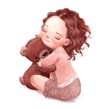 Cartoon Little Girl With Cute Teddy Bear