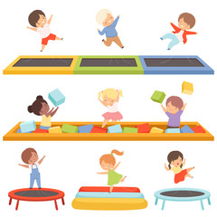 Sticker - Cute Little Boys and Girls Bouncing on Trampolines and Playing in a Pool with Soft Cubes Collection, Happy Kid Trampolining and Having Fun on Playground, Active Children Leisure Vector Illustration