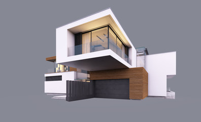 Wall Mural - 3d rendering of modern cozy house by the river with garage and pool for sale or rent in evening with cozy light from window. Isolated on gray