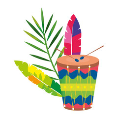 Wall Mural - drum with exotic feathers and tropical leaf vector illustration design