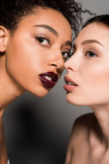 Wall Mural - portrait of naked multicultural girls with perfect skin, on grey